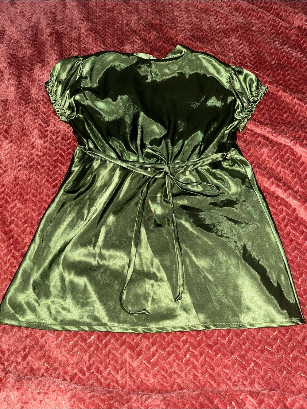 HeartSoul Satin Olive Green Ruffle V-Neck Blouse. Size S - Picture 3 of 3